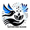 A logo of two birds with a seed and an abstract of the concept of gather and bloom 1